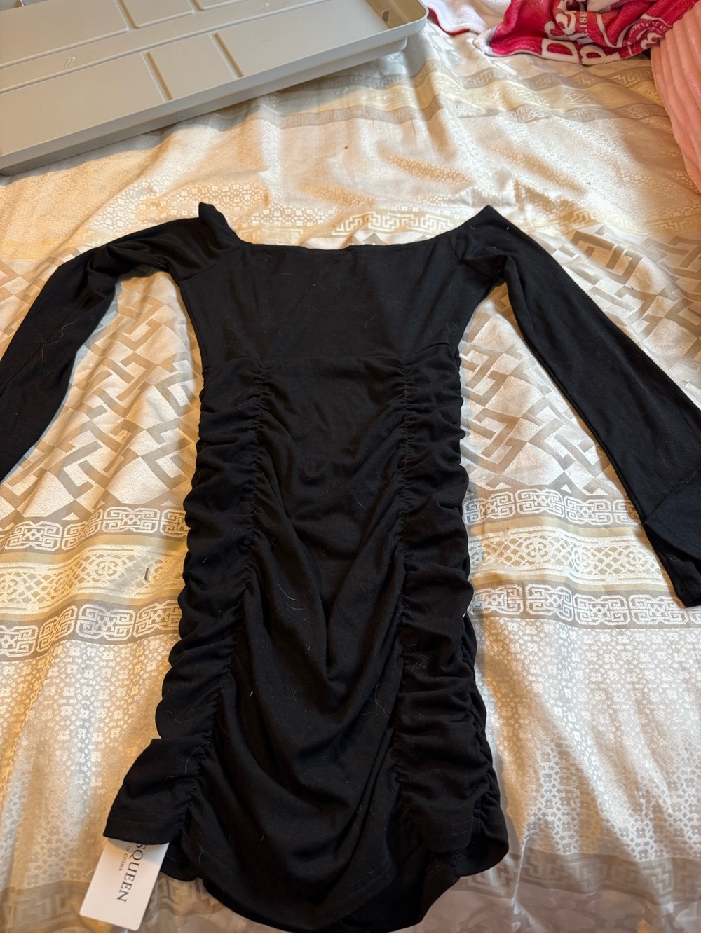 Black Long-Sleeve Ruched Bodycon Dress - Unbranded